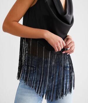 BLUE B Rhinestone Fringe Tank Top Sz S Black Western Glam Satin Cowl Neck